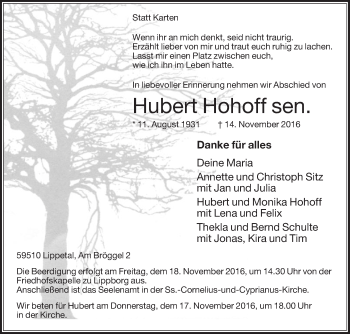 Traueranzeige von Hubert Hohoff von Die Glocke