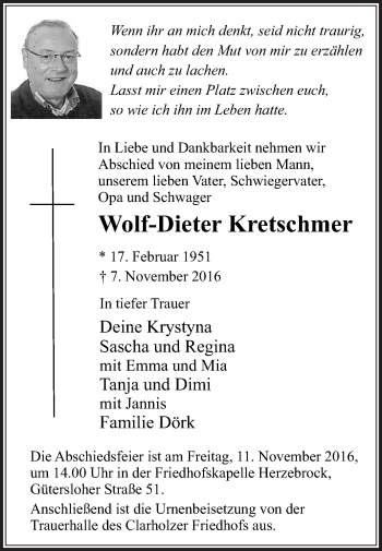 Traueranzeige von Wolf-Dieter Kretschmer von Glocke Trauer