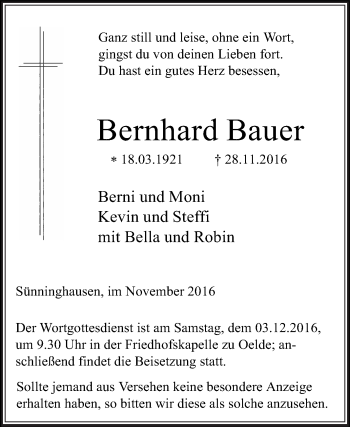 Traueranzeige von Bernhard Bauer von Die Glocke