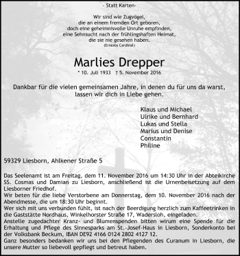 Traueranzeige von Marlies Drepper von Glocke Trauer