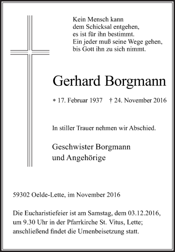 Traueranzeige von Gerhard Borgmann von Die Glocke