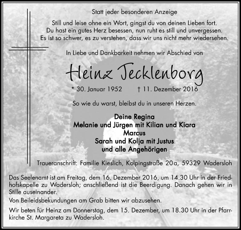  Traueranzeige für Heinz Tecklenborg vom 14.12.2016 aus Die Glocke