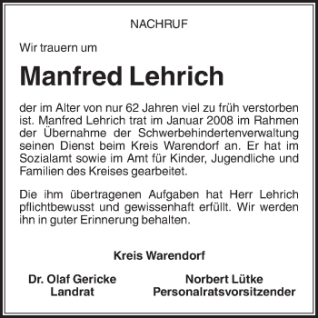Traueranzeige von Manfred Lehrich von Die Glocke
