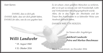 Traueranzeige von Willi Landwehr von Die Glocke