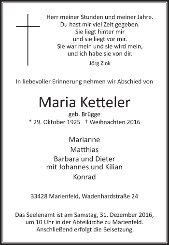 Traueranzeige von Maria Ketteler von Die Glocke