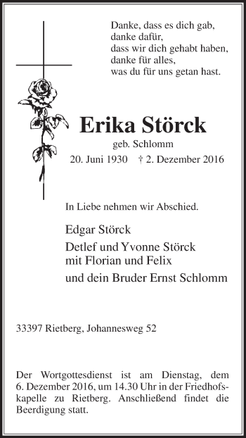 Traueranzeige von Erika Störck von Die Glocke