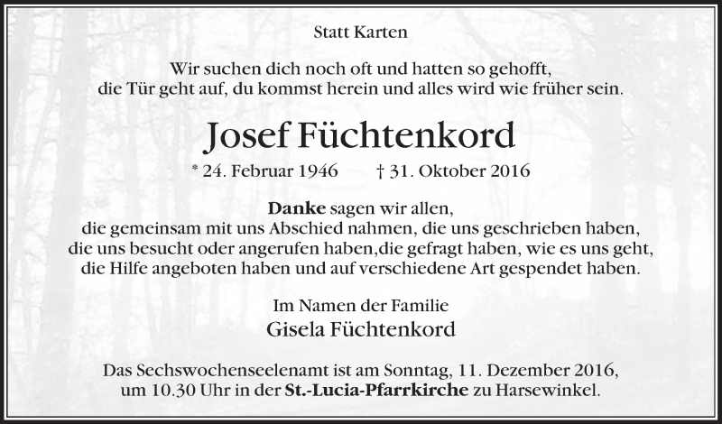  Traueranzeige für Josef Füchtenkord vom 03.12.2016 aus Die Glocke