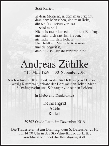 Traueranzeige von Andreas Zühlke von Die Glocke