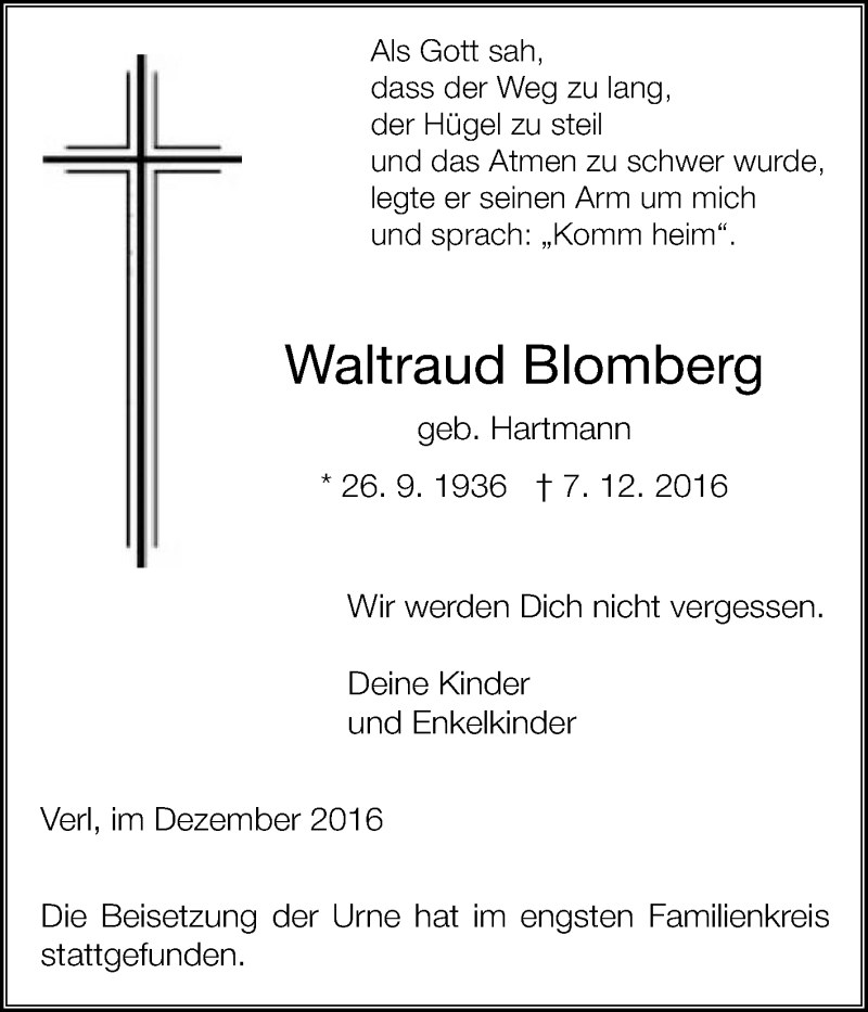  Traueranzeige für Waltraud Blomberg vom 24.12.2016 aus Die Glocke