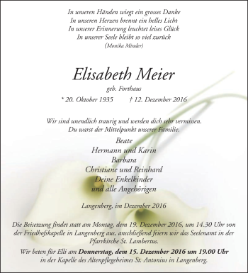 Traueranzeige von Elisabeth Meier von Die Glocke