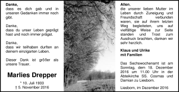 Traueranzeige von Marlies Drepper von Die Glocke