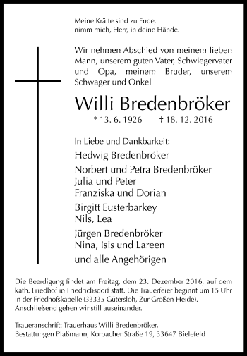 Traueranzeige von Willi Bredenbröker von Die Glocke