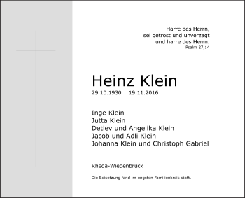 Traueranzeige von Heinz Klein von Die Glocke