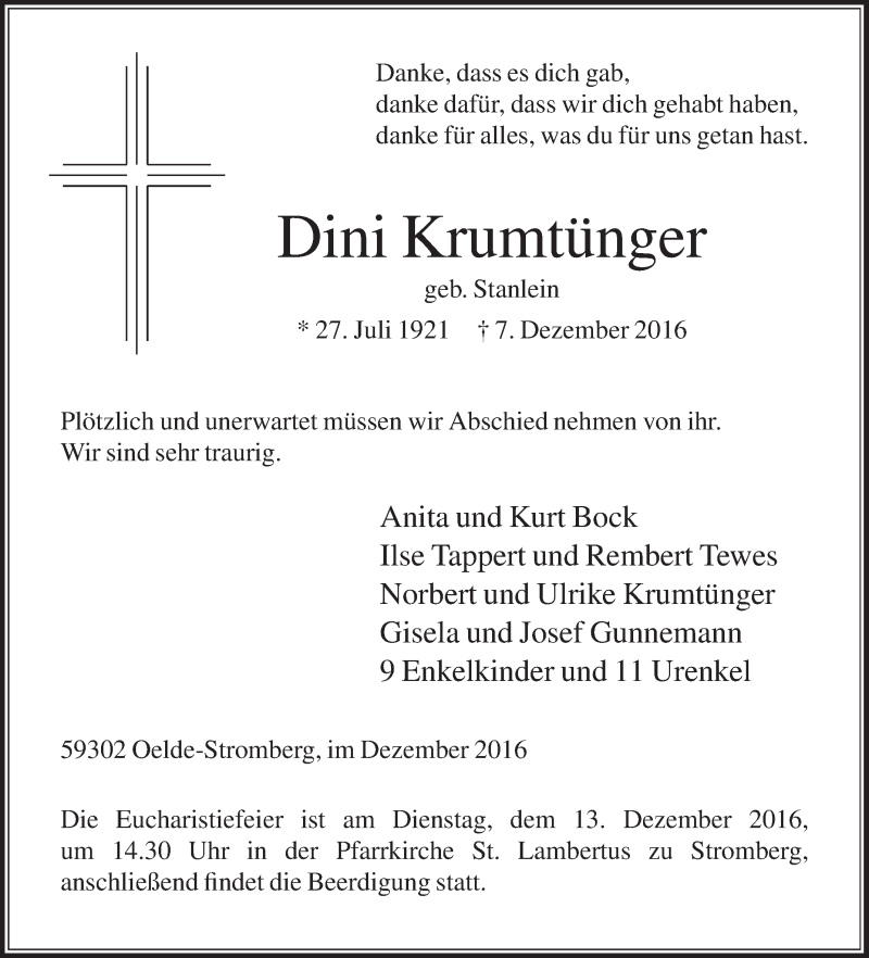  Traueranzeige für Dini Krumtünger vom 09.12.2016 aus Die Glocke