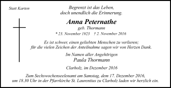 Traueranzeige von Anna Peternathe von Die Glocke