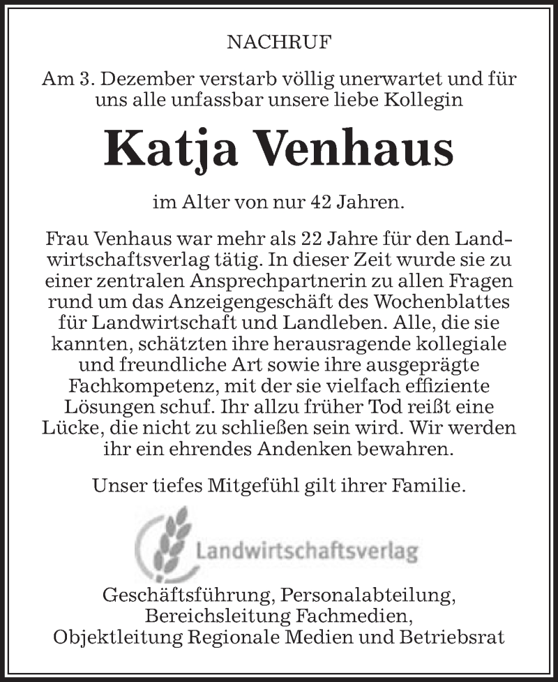  Traueranzeige für Katja Venhaus vom 10.12.2016 aus Die Glocke