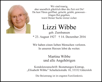 Traueranzeige von Lizzi Wibbe von Die Glocke