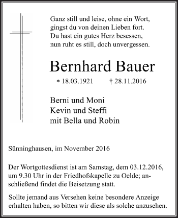 Traueranzeige von Bernhard Bauer von Die Glocke