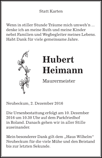 Traueranzeige von Hubert Heimann von Die Glocke