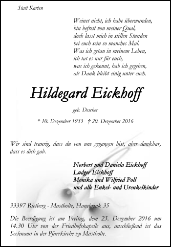 Traueranzeige von Hildegard Eickhoff von Die Glocke