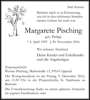 Traueranzeige von Margarete Pisching von Die Glocke