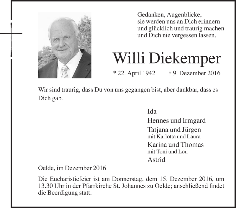  Traueranzeige für Willi Diekemper vom 13.12.2016 aus Die Glocke