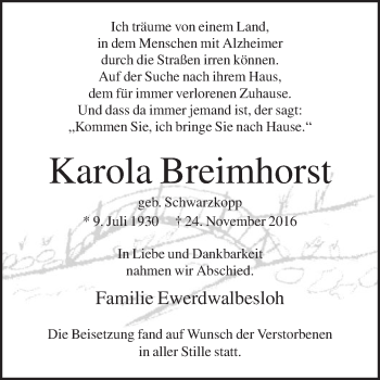 Traueranzeige von Karola Breimhorst von Die Glocke