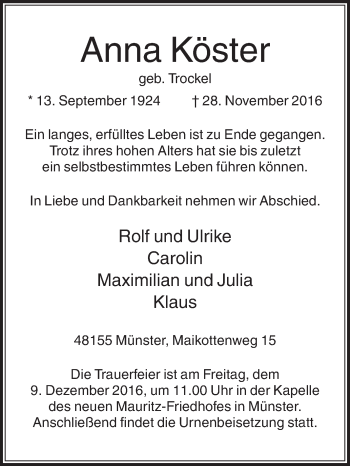 Traueranzeige von Anna Köster von Die Glocke