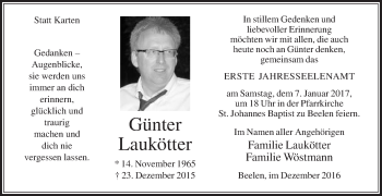 Traueranzeige von Günter Laukötter von Die Glocke