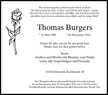 Traueranzeige von Thomas Burgers von Die Glocke
