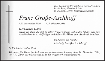 Traueranzeige von Franz Große-Aschhoff von Die Glocke