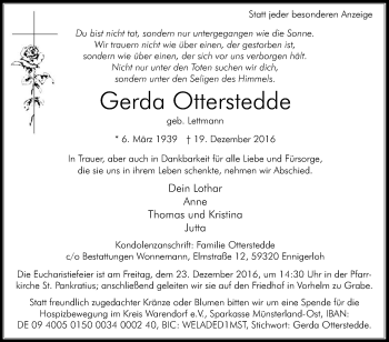 Traueranzeige von Gerda Otterstedde von Die Glocke