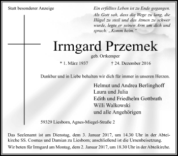 Traueranzeige von Irmgard Przemek von Die Glocke