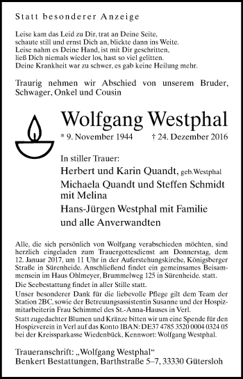 Traueranzeige von Wolfgang Westphal von Die Glocke