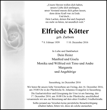 Traueranzeige von Elfriede Kötter von Die Glocke