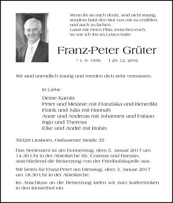 Traueranzeige von Franz-Peter Grüter von Die Glocke