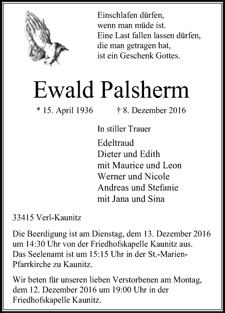  Traueranzeige für Ewald Palsherm vom 10.12.2016 aus Die Glocke