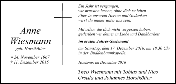 Traueranzeige von Anne Wiesmann von Die Glocke