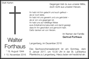 Traueranzeige von Walter Forthaus von Die Glocke