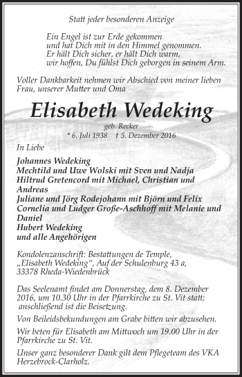 Traueranzeige von Elisabeth Wedeking von Die Glocke