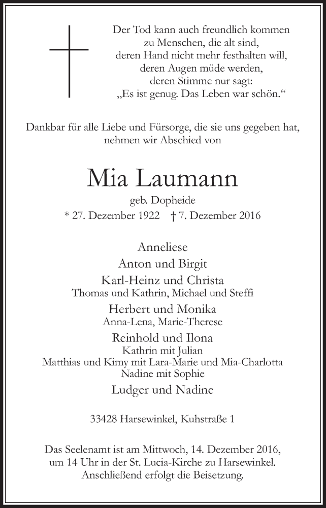  Traueranzeige für Mia Laumann vom 10.12.2016 aus Die Glocke