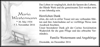 Traueranzeige von Maria Westermann von Die Glocke