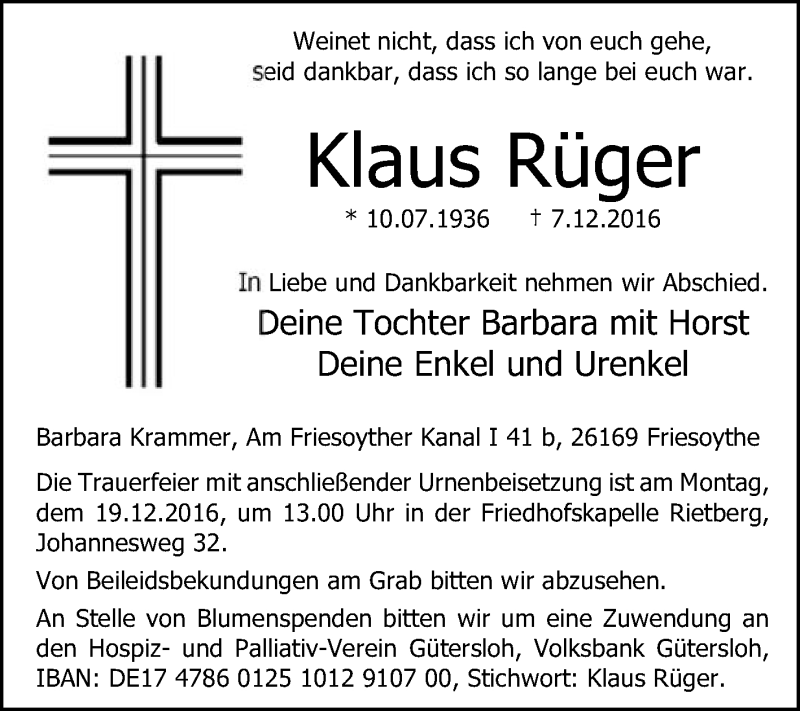  Traueranzeige für Klaus Rüger vom 15.12.2016 aus Die Glocke