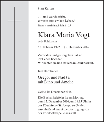 Traueranzeige von Klara Maria Vogt von Die Glocke