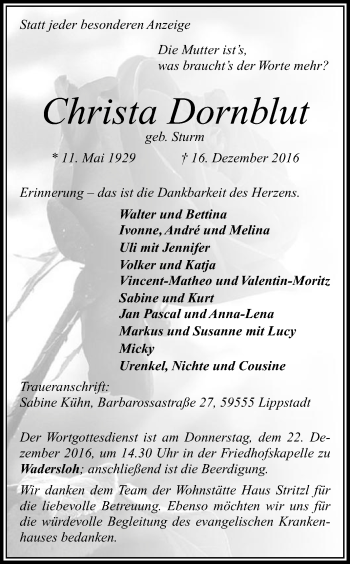 Traueranzeige von Christa Dornblut von Die Glocke