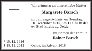 Traueranzeige von Margarete Barsch von Die Glocke