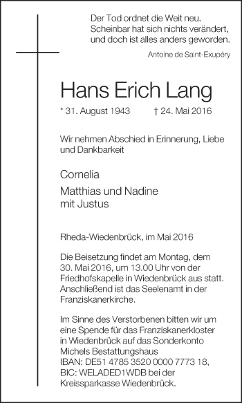 Traueranzeige von Hans Erich Lang von Die Glocke