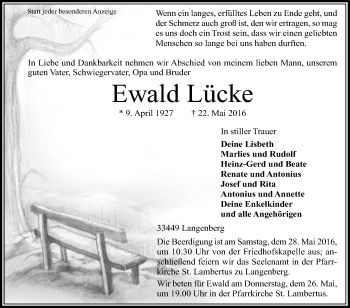 Traueranzeige von Ewald Lücke von Die Glocke