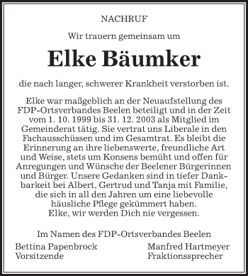 Traueranzeige von Elke Bäumker von Die Glocke