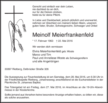Traueranzeige von Meinolf Meierfrankenfeld von Die Glocke